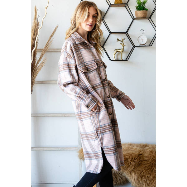 SNOWY NIGHT WOOL MIX PLAID CHECKER LONGLINE JFLANNEL ACKET IN PINK-MODE-Couture-Boutique-Womens-Clothing