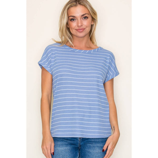 BETTING ON YOU BOAT NECK THERMAL STRIPE SHIRT IN BLUE-Shirts & Tops-MODE-Couture-Boutique-Womens-Clothing