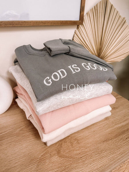 GOD IS GOOD EMBROIDERED CREWNECK SWEATSHIRT IN ROCK-MODE-Couture-Boutique-Womens-Clothing