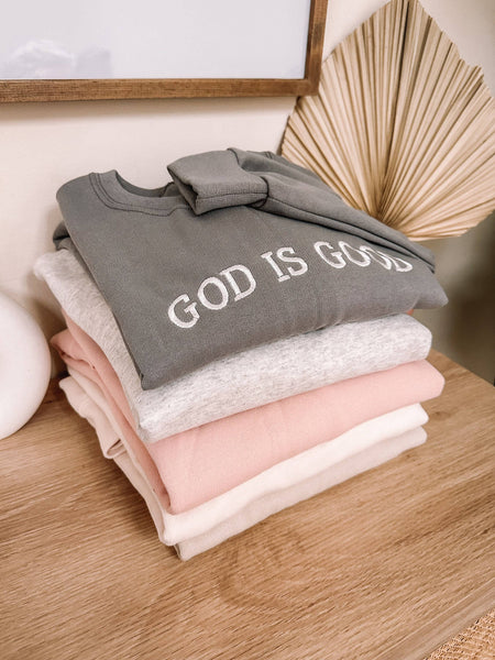 GOD IS GOOD EMBROIDERED CREWNECK SWEATSHIRT IN ROCK-MODE-Couture-Boutique-Womens-Clothing