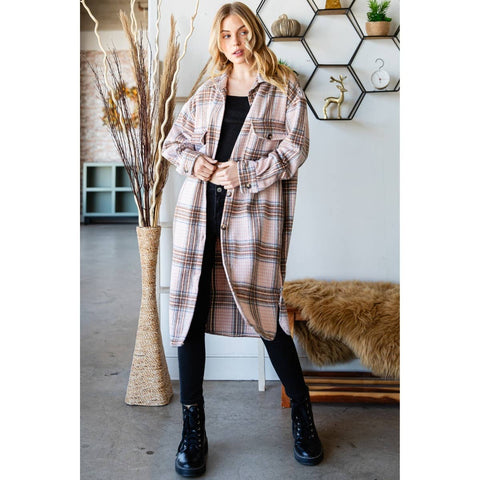 SNOWY NIGHT WOOL MIX PLAID CHECKER LONGLINE JFLANNEL ACKET IN PINK-MODE-Couture-Boutique-Womens-Clothing