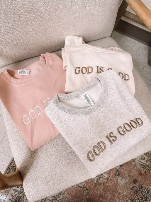 GOD IS GOOD EMBROIDERED CREWNECK SWEATSHIRT IN OAT-Graphic Sweatshirt-MODE-Couture-Boutique-Womens-Clothing