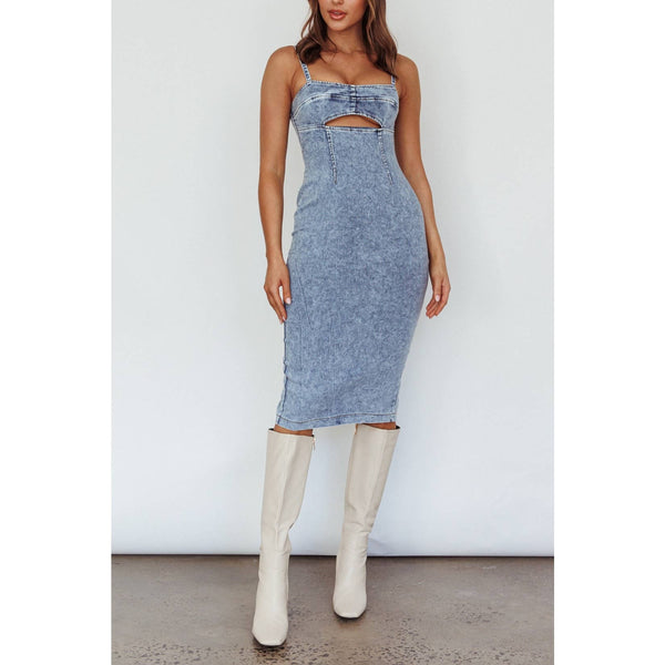 INDIGO EDGE CUTOUT FRONT DENIM MIDI DRESS IN DENIM BLUE-Dresses-MODE-Couture-Boutique-Womens-Clothing