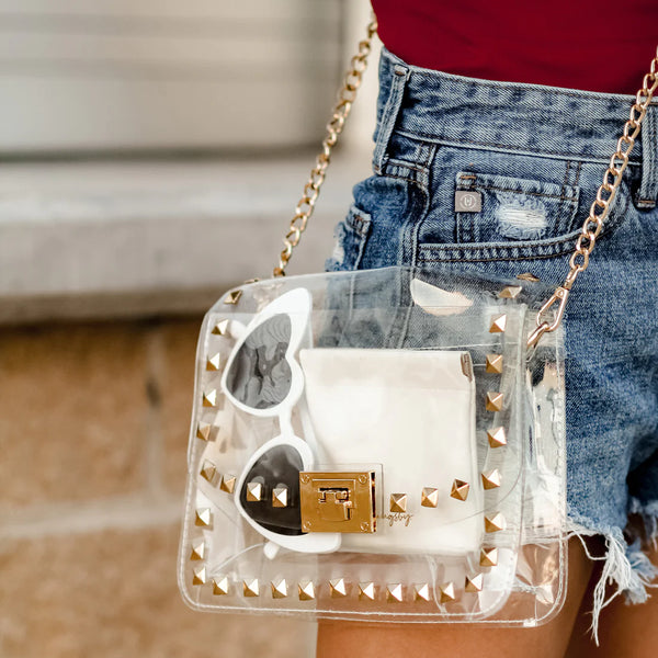 STUD CLEAR CROSSBODY STADIUM PURSE WITH GOLD DETAIL-CROSSBODY PURSE-MODE-Couture-Boutique-Womens-Clothing