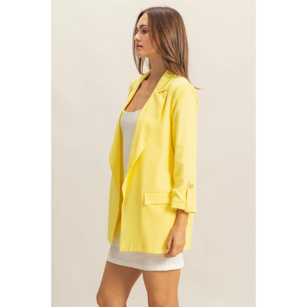 WEEKEND PREP ROLL-UP 3/4 SLEEVE OPEN BLAZER IN LEMON-BLAZERS-MODE-Couture-Boutique-Womens-Clothing