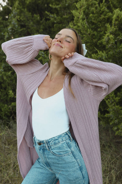 MORNING DEW LONG PLEATED CARDIGAN IN LIGHT MAUVE-CARDIGAN-MODE-Couture-Boutique-Womens-Clothing