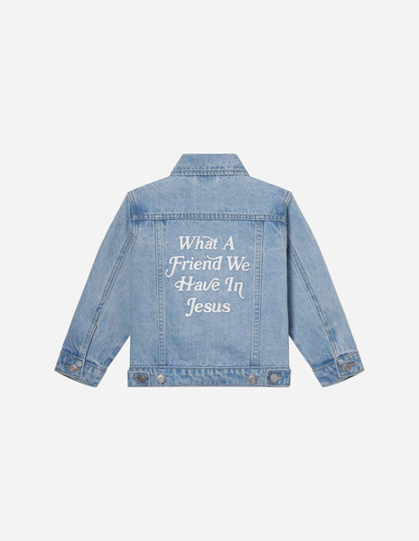 WHAT A FRIEND WE HAVE IN JESUS KIDS DENIM JACKET IN LIGHT WASH-Jacket-MODE-Couture-Boutique-Womens-Clothing