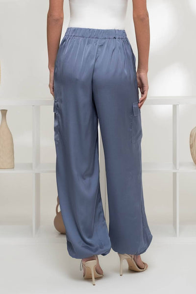 STAY SOPHISTICATED HIGH WAIST SATIN CARGO JOGGER PANTS IN DENIM BLUE-Joggers-MODE-Couture-Boutique-Womens-Clothing