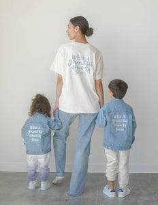 WHAT A FRIEND WE HAVE IN JESUS KIDS DENIM JACKET IN LIGHT WASH-Jacket-MODE-Couture-Boutique-Womens-Clothing