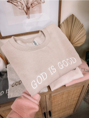 GOD IS GOOD EMBROIDERED CREWNECK SWEATSHIRT IN SAND-Graphic Sweatshirt-MODE-Couture-Boutique-Womens-Clothing