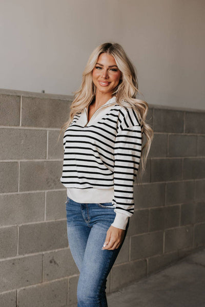 RISK TAKER 1/4 ZIP STRIPED SWEATER IN CREAM & BLACK-MODE-Couture-Boutique-Womens-Clothing