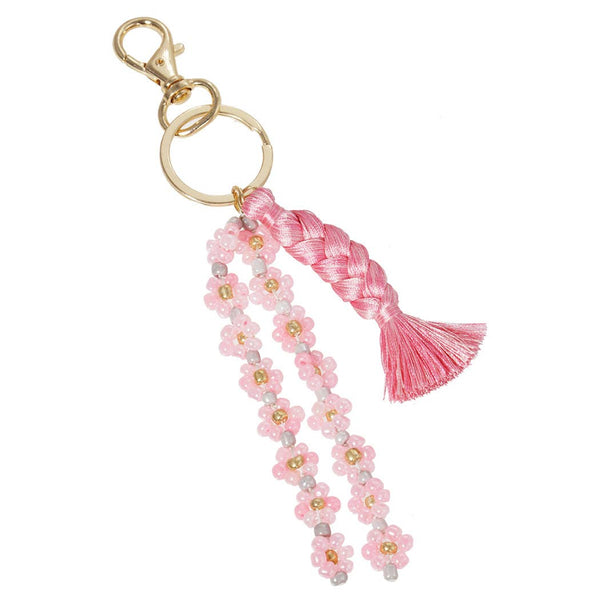 Flower Beaded Link Keychain with Braided Tassel: PKGRY / One Size-MODE-Couture-Boutique-Womens-Clothing