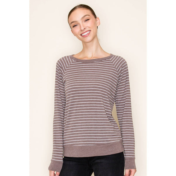 EMILY LONG RAGLAN SLEEVE STRIPED TERRY TOP IN BROWN-Tops-MODE-Couture-Boutique-Womens-Clothing