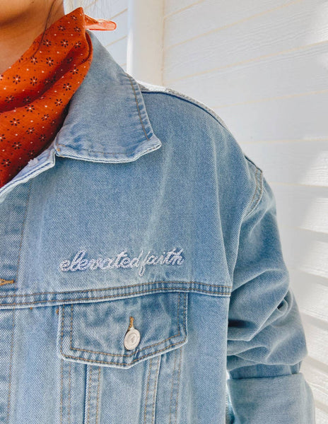 WHAT A FRIEND WE HAVE IN JESUS DENIM JACKET IN LIGHT WASH-Jacket-MODE-Couture-Boutique-Womens-Clothing