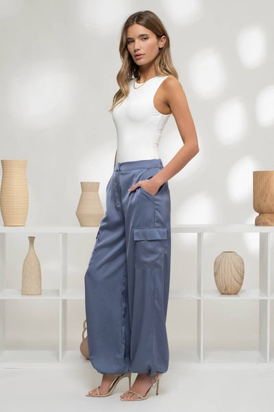 STAY SOPHISTICATED HIGH WAIST SATIN CARGO JOGGER PANTS IN DENIM BLUE-Joggers-MODE-Couture-Boutique-Womens-Clothing