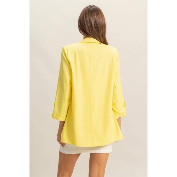 WEEKEND PREP ROLL-UP 3/4 SLEEVE OPEN BLAZER IN LEMON-BLAZERS-MODE-Couture-Boutique-Womens-Clothing