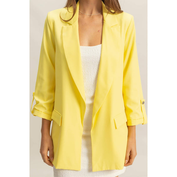 WEEKEND PREP ROLL-UP 3/4 SLEEVE OPEN BLAZER IN LEMON-BLAZERS-MODE-Couture-Boutique-Womens-Clothing