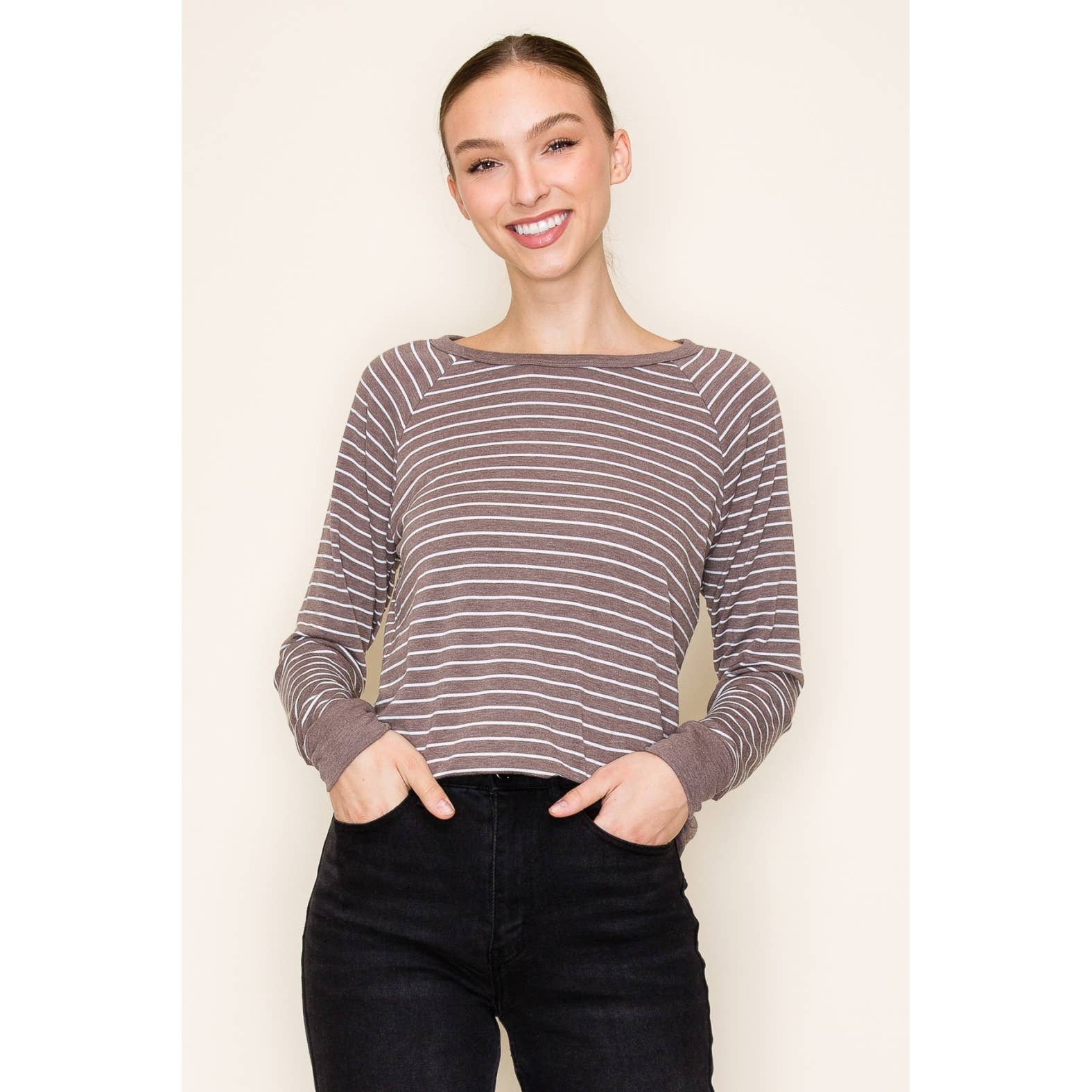 EMILY LONG RAGLAN SLEEVE STRIPED TERRY TOP IN BROWN-Tops-MODE-Couture-Boutique-Womens-Clothing