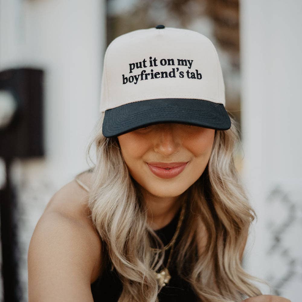 PUT IT ON MY BOYFRIEND'S TAB TWO TONED VINTAGE HAT IN BEIGE & BLACK-hat-MODE-Couture-Boutique-Womens-Clothing